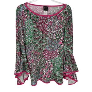 Coco Bianco Bell Sleeve Blouse Pink Green Paisley Floral Stretch Top L Boho
